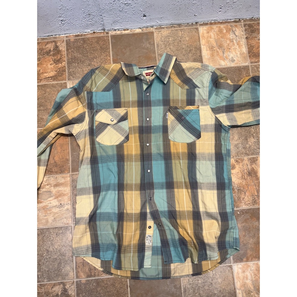 Levis Modern Mens XXL Western Pearl Snap Plaid Shirt Teal Yellow Long Sleeve